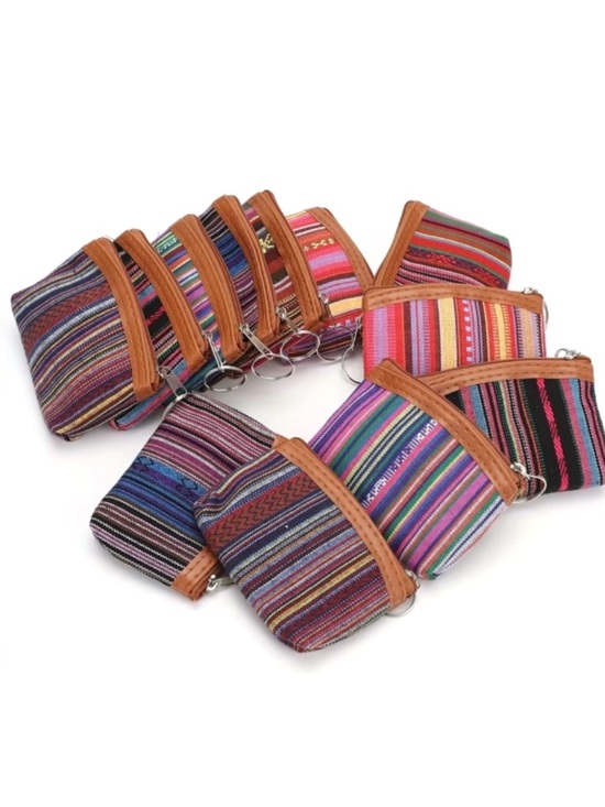 ⭐️ 5 for $25 Striped Woven Canvas Keyring Coin Pouch in Multicolor with Zipper - Picture 5 of 9